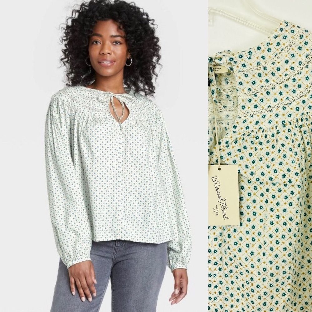 Universal Thread Womens Top XSmall Long Sleeve Tie Front Blouse White Floral New